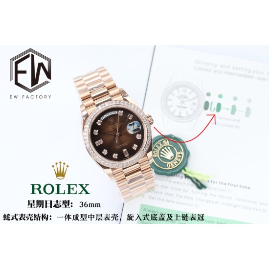 Rolex-DayDate 36mm Dia Pres RG/RG Brown Diam EWF A3255 Mod