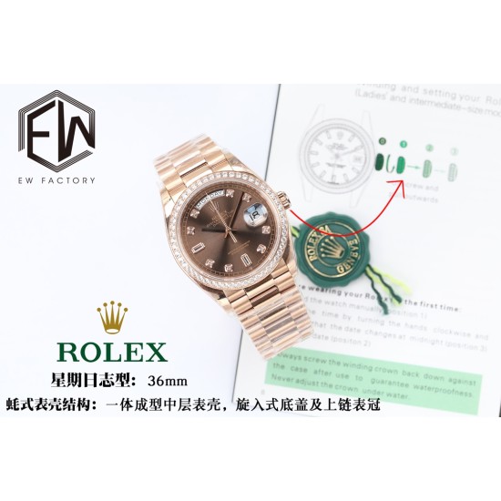 Rolex-DayDate 36mm Dia Pres RG/RG G-Brown Diam EWF A3255 Mo