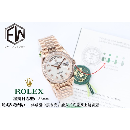 Rolex-DayDate 36mm Dia Pres RG/RG Wht MOP Diam EWF A3255 Mo