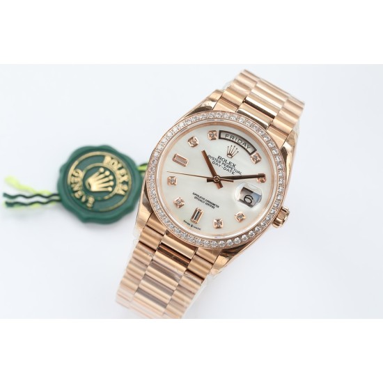 Rolex-DayDate 36mm Dia Pres RG/RG Wht MOP Diam EWF A3255 Mo