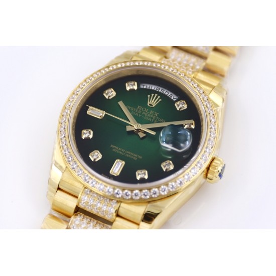 Rolex-DayDate 36mm Dia Pres YG/YG Green Diam EWF A3255 Mod