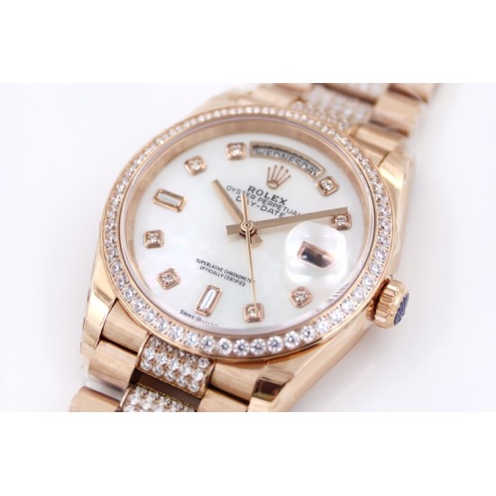 Rolex-DayDate 36mm Dia Pres RG/RG Wht MOP Diam EWF A3255 Mo