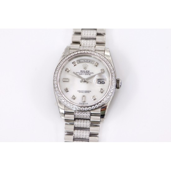 Rolex-DayDate 36mm Dia Pres SS/SS Wht MOP Diam EWF A3255 Mo