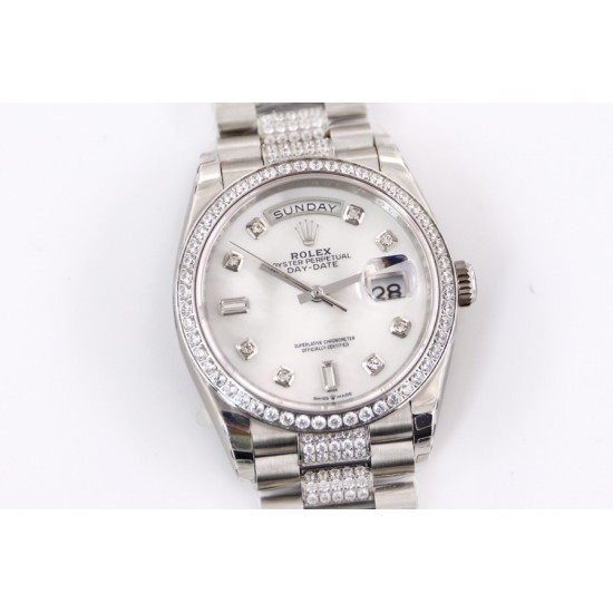 Rolex-DayDate 36mm Dia Pres SS/SS Wht MOP Diam EWF A3255 Mo
