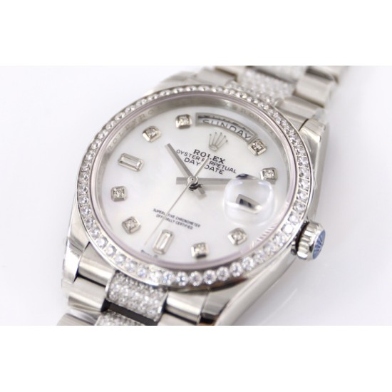 Rolex-DayDate 36mm Dia Pres SS/SS Wht MOP Diam EWF A3255 Mo