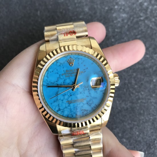 Rolex-DayDate 36mm YG/YG Flt Pres Turquoise Dial RAF A2836