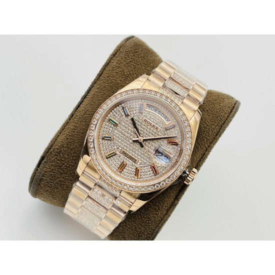 Rolex-DayDate 36mm RG/RG Dia Pres Diamond Dial VRS A2836