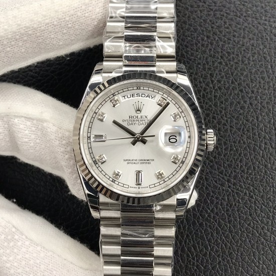 Rolex-DayDate 36mm Flt Pres SS/SS Silv Wht Diam EWF A3255