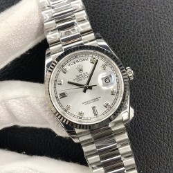 Rolex-DayDate 36mm Flt Pres SS/SS Silv Wht Diam EWF A3255