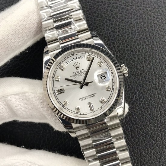 Rolex-DayDate 36mm Flt Pres SS/SS Silv Wht Diam EWF A3255