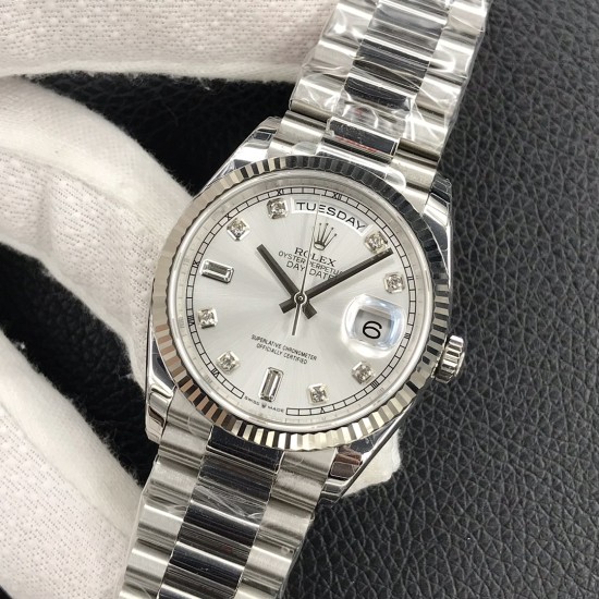 Rolex-DayDate 36mm Flt Pres SS/SS Silv Wht Diam EWF A3255