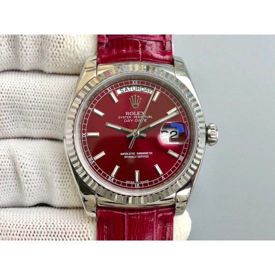 Rolex-DayDate 36mm Flt Pres SS/LE Red Dial Stk EWF A2836