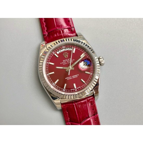 Rolex-DayDate 36mm Flt Pres SS/LE Red Dial Stk EWF A2836