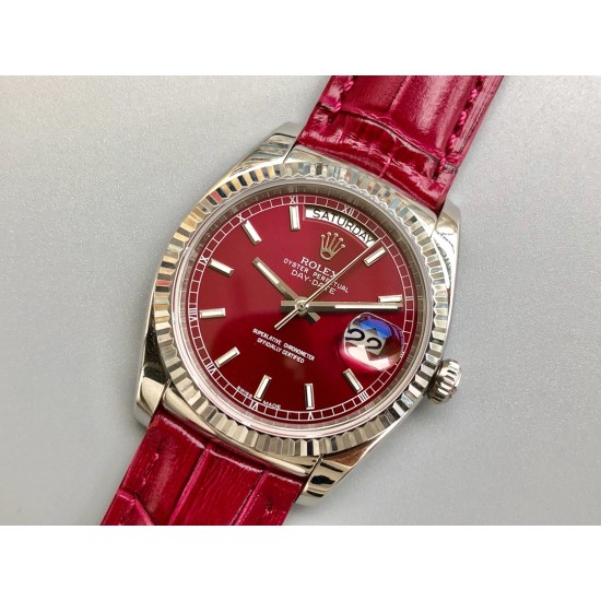 Rolex-DayDate 36mm Flt Pres SS/LE Red Dial Stk EWF A2836