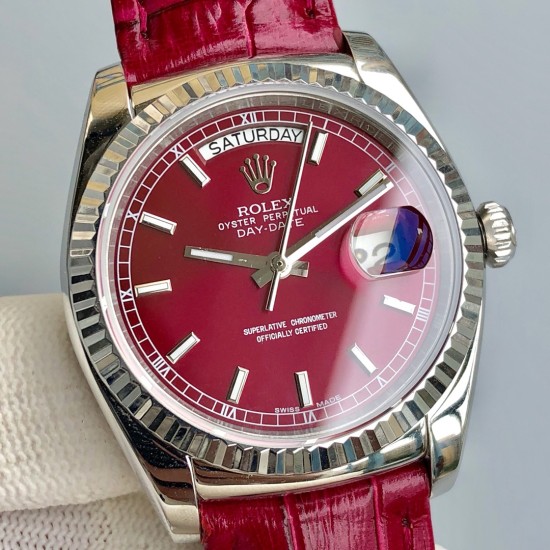 Rolex-DayDate 36mm Flt Pres SS/LE Red Dial Stk EWF A2836
