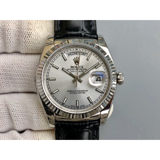 Rolex-DayDate 36mm Flt Pres SS/LE Silver Stk EWF A2836