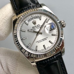 Rolex-DayDate 36mm Flt Pres SS/LE Silver Stk EWF A2836