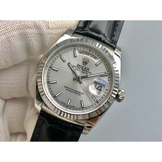 Rolex-DayDate 36mm Flt Pres SS/LE Silver Stk EWF A2836