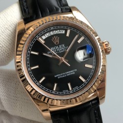Rolex-DayDate 36mm Flt Pres RG/LE Black Stk EWF A2836