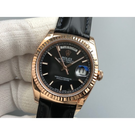 Rolex-DayDate 36mm Flt Pres RG/LE Black Stk EWF A2836
