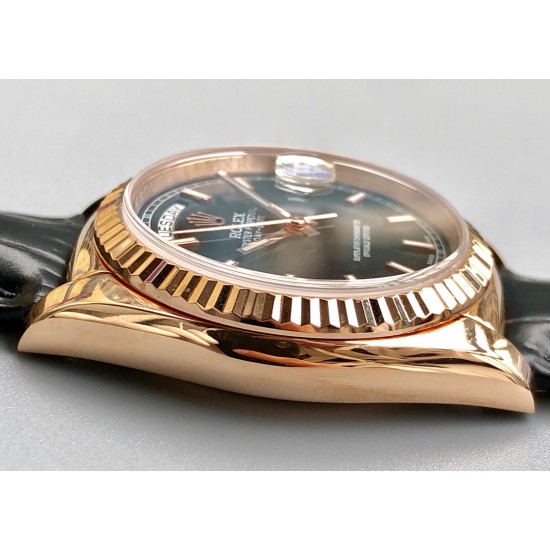 Rolex-DayDate 36mm Flt Pres RG/LE Black Stk EWF A2836