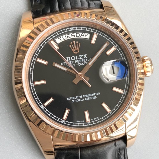 Rolex-DayDate 36mm Flt Pres RG/LE Black Stk EWF A2836