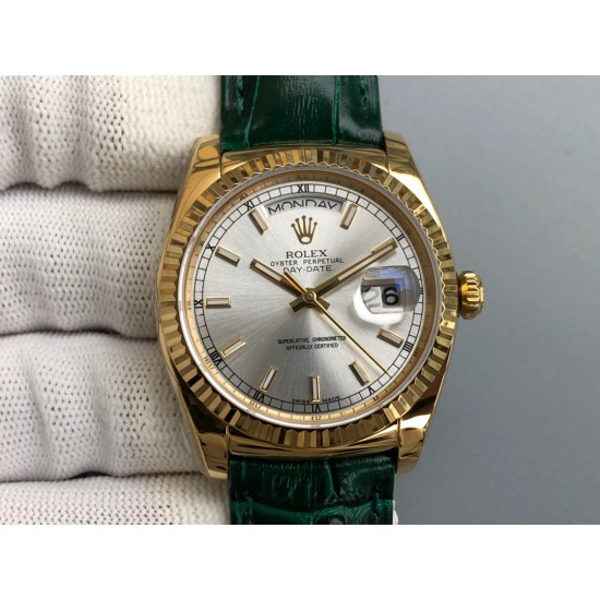 Rolex-DayDate 36mm Flt Pres YG/LE Silver Dial Stk EWF A2836