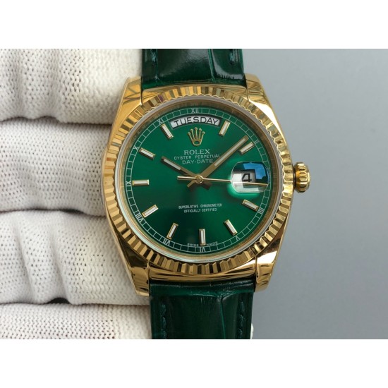 Rolex-DayDate 36mm Flt Pres YG/LE Green Dial Stk EWF A2836