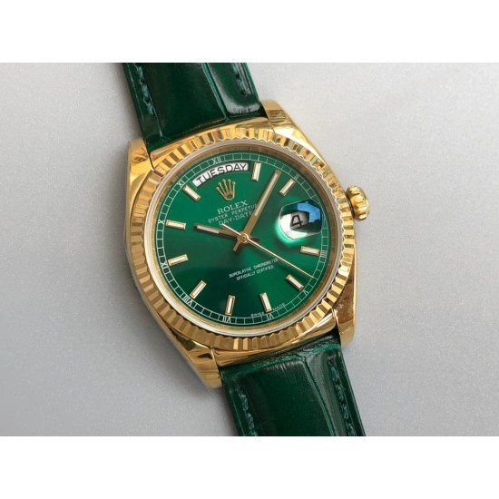 Rolex-DayDate 36mm Flt Pres YG/LE Green Dial Stk EWF A2836
