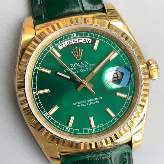 Rolex-DayDate 36mm Flt Pres YG/LE Green Dial Stk EWF A2836