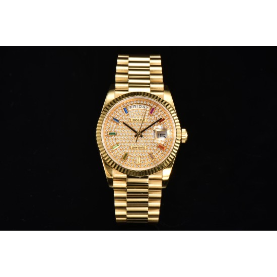 Rolex-DayDate 128238 36mm YG/YG Diamond/Dia Rainbow STK CSF VR3255