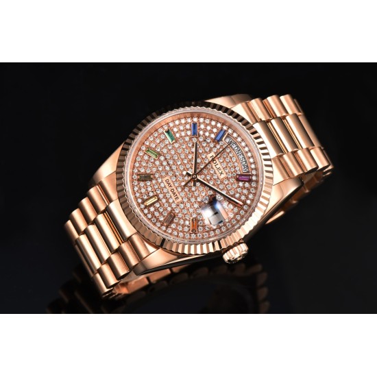 Rolex-DayDate 128238 36mm RG/RG Diamond/Dia Rainbow STK CSF VR3255