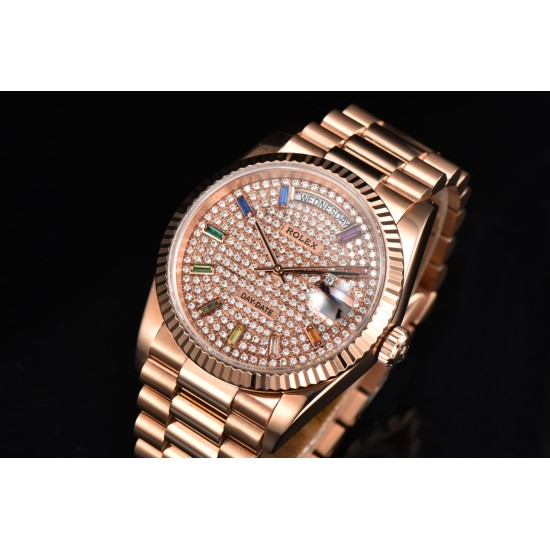 Rolex-DayDate 128238 36mm RG/RG Diamond/Dia Rainbow STK CSF VR3255