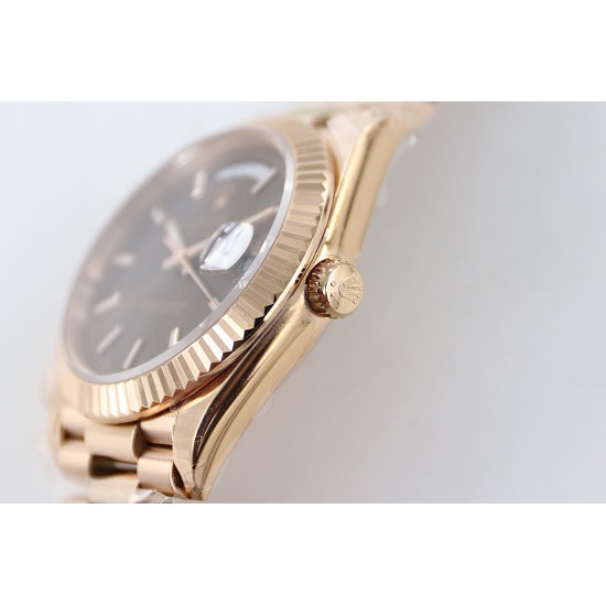 Rolex-DayDate 40mm Flt RG/RG Brown Textured Diam TWS A2836